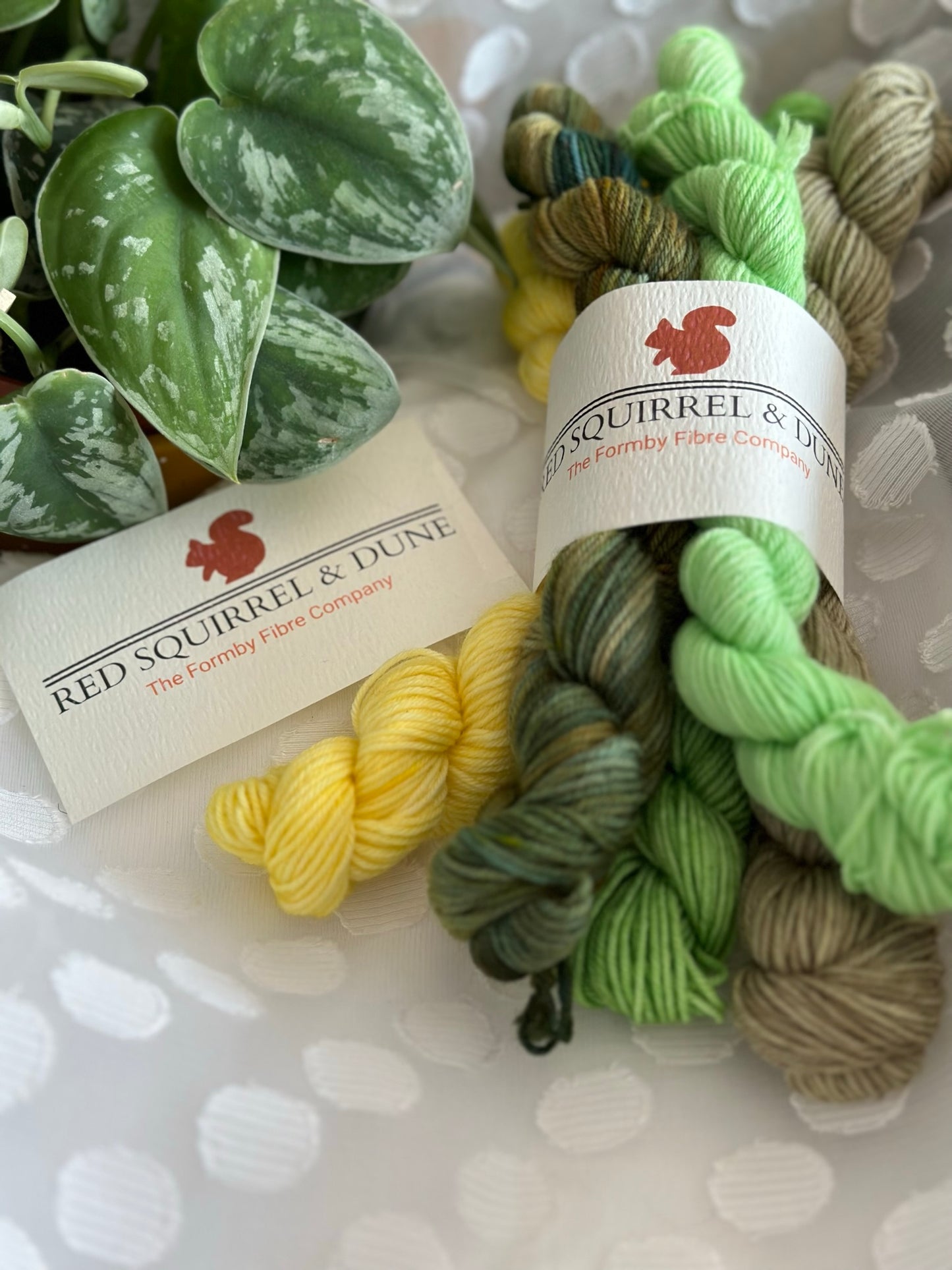 Set of mini skeins 5 per set. Green grey, yellow, multi-coloured